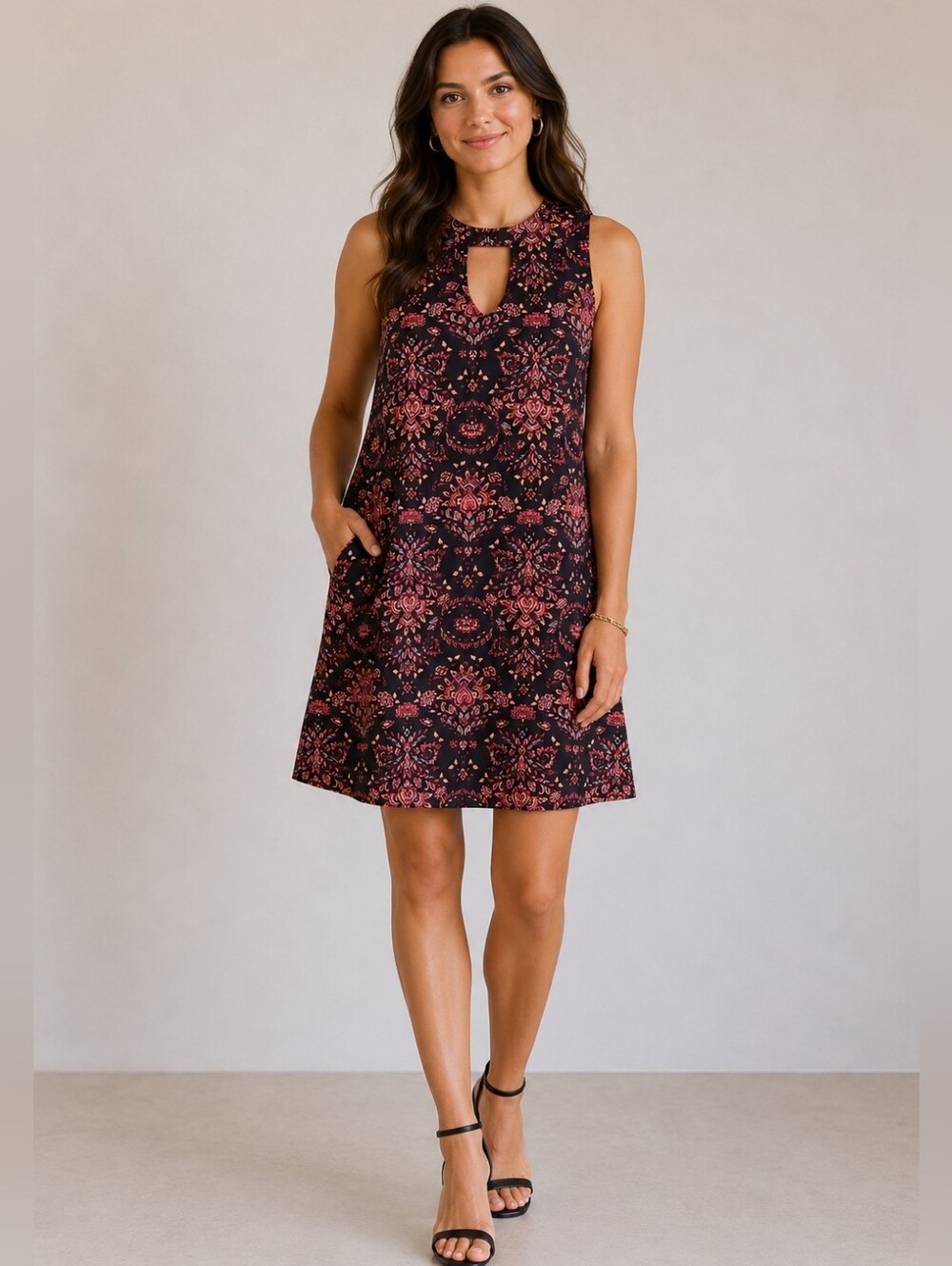 Mudd Small Sleeveless Keyhole Shift Dress in Black and Pink